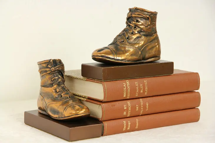 Pair of Antique 1930's Bronzed Child Shoes, Mounted as Bookends