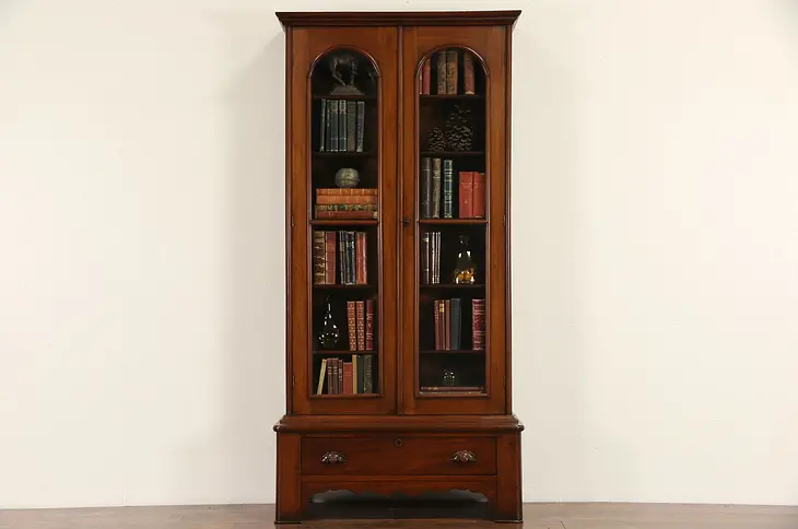 Victorian 1860's Antique Walnut Library Bookcase, Carved Pulls, Stepback