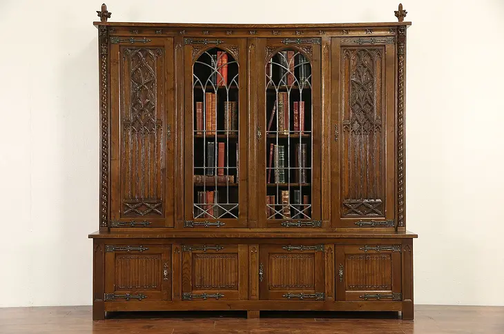 Dutch Carved Oak 1915 Antique Gothic Library Bookcase, Leaded Glass Doors