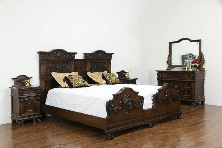 Renaissance Antique Carved Walnut Bedroom Set King Size Bed, Marble Tops  #36023