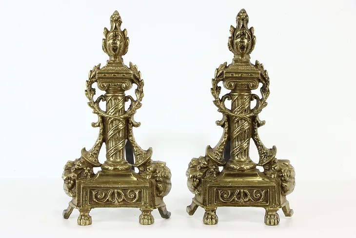 Pair of Classical Brass Antique Fireplace Andirons, Laurel Wreath & Flame #37444