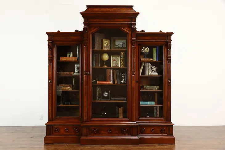 Victorian Antique Walnut & Burl Triple Office or Library Bookcase #35811