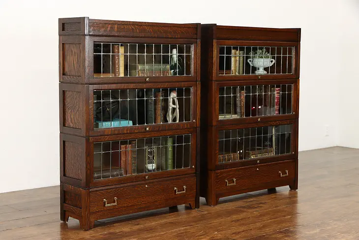 Pair of Craftsman 3 Stack Leaded Glass Oak Lawyer Bookcases, Lundstrom #38117
