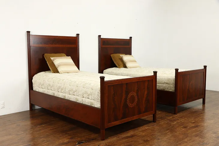 Pair of Antique Flame Mahogany & Marquetry Twin Beds, Herter #34041