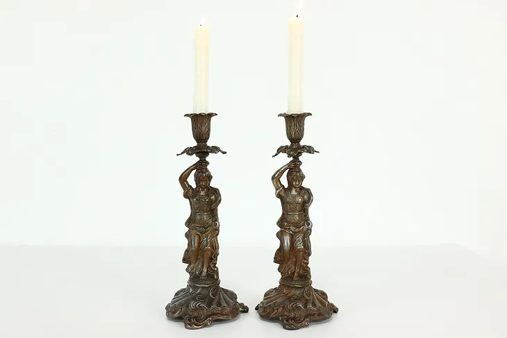 Pair of Antique Classical Sculpture Figure Spelter Metal Candlesticks #39966