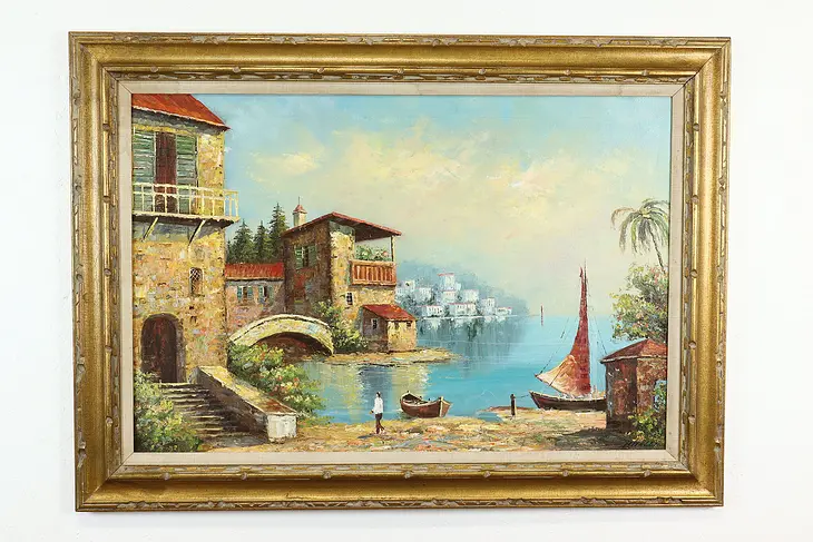 Capri Italy Harbor Scene Vintage Original Oil Painting, Mitelli 43.5" #40172