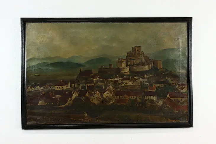 Medieval Castle & Village Antique Original Oil Painting 1910 Kroupa 42.5" #39740