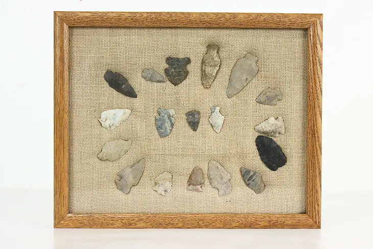 Group of 18 Antique Stone Native American Points, Arrowheads & Shadowbox #39895