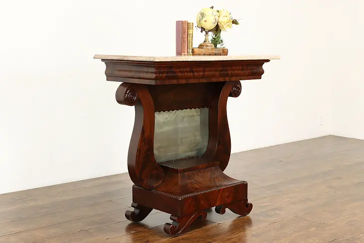 Empire Antique Mahogany Hall Console or Petticoat Table, Marble Top #39638