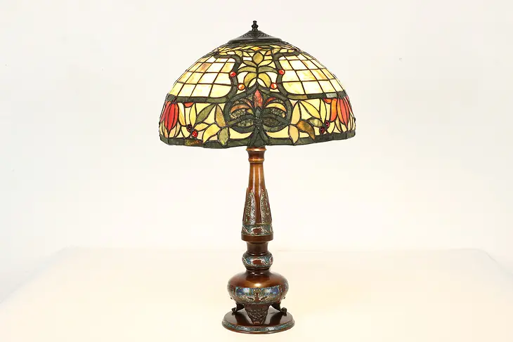 Bronze & Cloissonne Antique Office Desk Lamp, Stained Glass Shade #40401