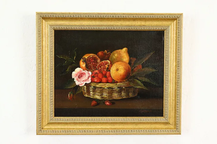 Still Life of Fruit Basket Vintage Original Oil Painting, Leonard 13" #40538