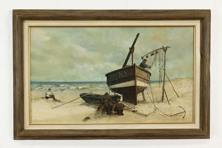 Fishermen Repairing Nets Vintage Original Oil Painting, Signed 1980 32.5" #40447