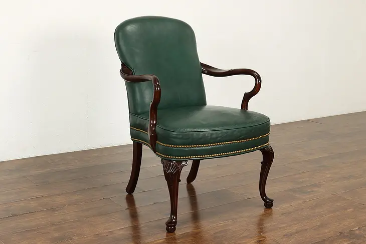 Georgian Vintage Walnut & Leather Chair, Brass Nailhead Trim, Woodmark #40859
