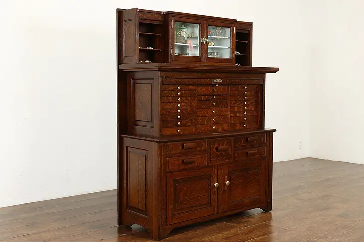 Oak Dentist 1910 Antique Dental, Jewelry or Collector Cabinet, American #39571