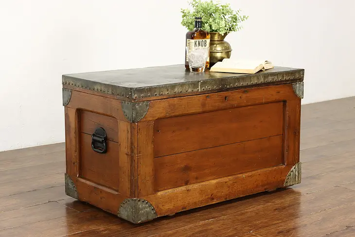 Farmhouse Antique Country Pine Trunk Blanket Chest, Coffee Table, Tin Top #41008