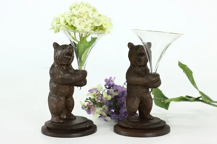 Pair of Black Forest Antique Carved Bear Sculptures with Glass Bud Vases #37839