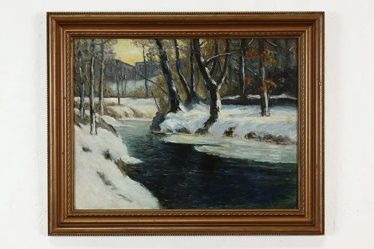 Winter Stream Landscape Vintage Original Oil Painting, Cordy 21" #41152