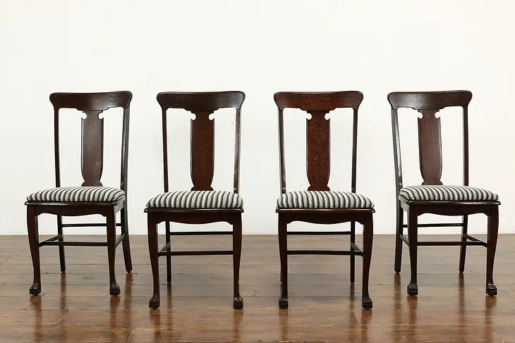 Victorian Set of 4 Oak Antique Dining Chairs, Paw Feet, New Upholstery #37976