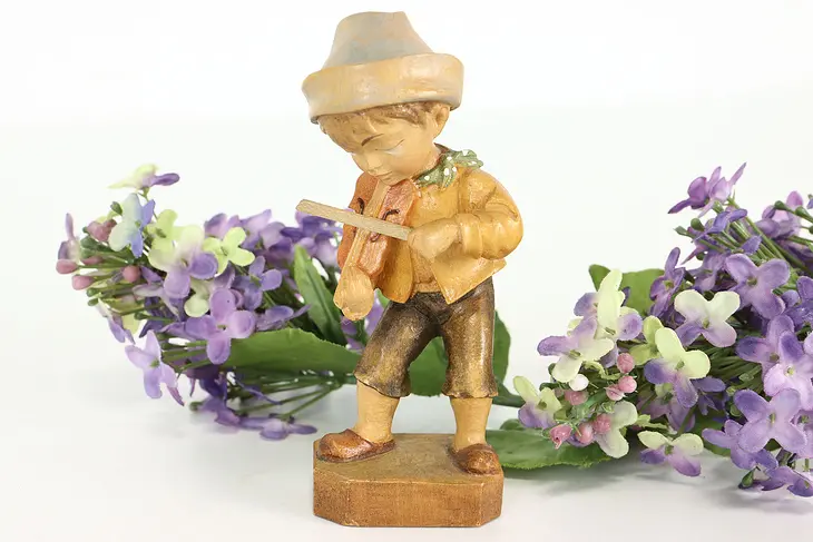 Hand Carved Vintage Alpine Young Boy Playing Fiddle Sculpture #41313