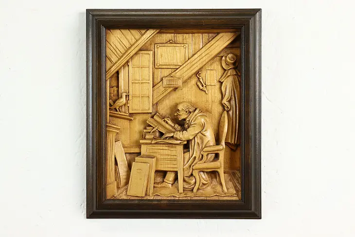 Scholar in Attic Reading German Vintage Carved Wall Plaque After Spitzweg #40955
