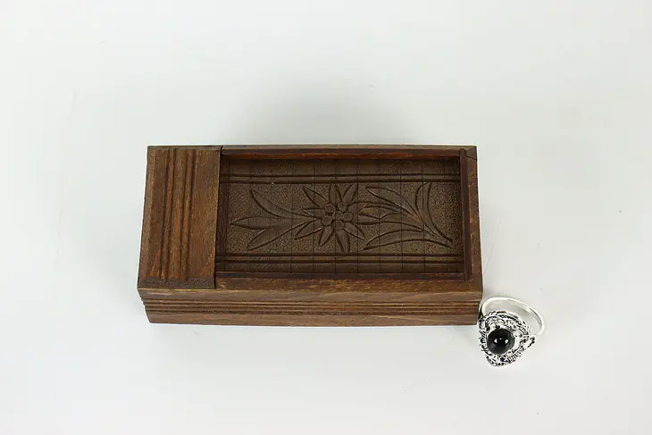 Swiss Vintage Miniature Puzzle Box, Hand Carved Flowers & Roll Top #41278