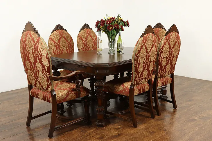 Tudor Vintage Carved Dining Set, Table w/ 3 Leaves & 6 Chairs, Rockford #41711