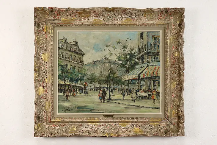 Paris Street Scene with Cafe Vintage Original Oil Painting, Gernon 28" #41480