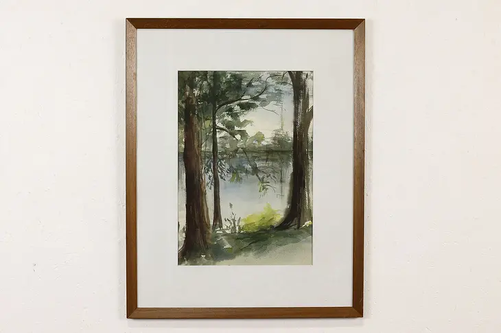 Springtime Trees on Lake Original Vintage Watercolor Painting 29.5" #40821