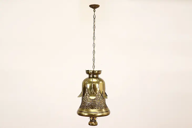Brass Pierced Bell & Lotus Vintage Chandelier Light Fixture, India #42108