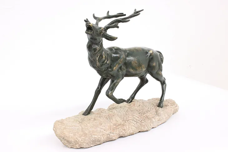 Stag Deer Vintage Bronze Sculpture Stone Base De Fiesole #42990