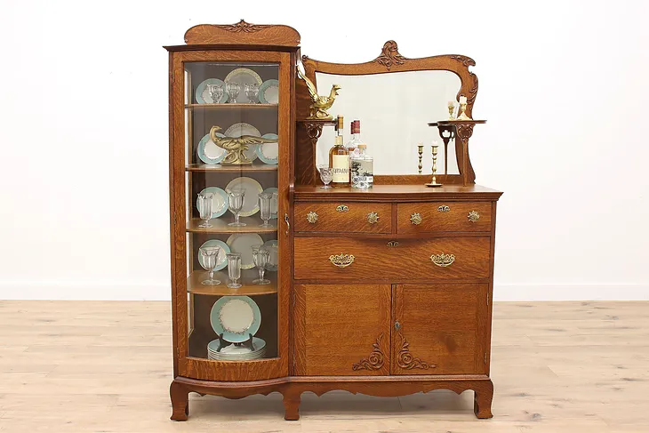 Victorian Antique Oak Side by Side Sideboard China Cabinet, Curved Glass #40675