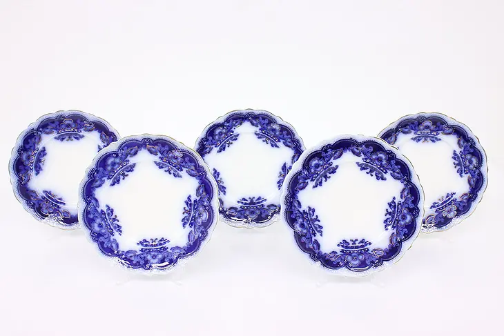 Set of 5 Victorian Antique Oregon Flow Blue China Plates, Johnson Bros #42975