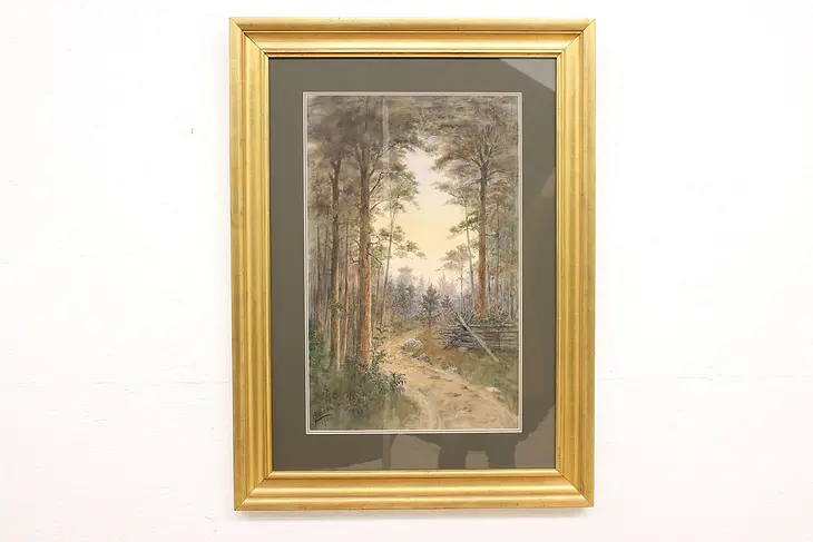 Winding Path in Forest Antique Original Watercolor Painting, Signed 38.5 #43244