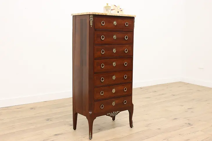 French Antique Rosewood & Mahogany Lingerie Chest Semainier, Marble Top #38964