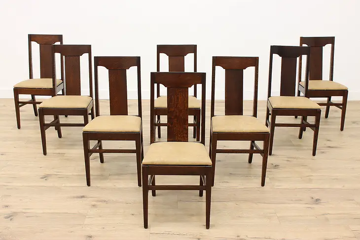Set of 8 Arts Crafts Mission Oak Antique Craftsman Leather Dining Chairs #42880