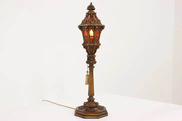 Venetian Design Antique Office or Library Desk Lamp, Stained Glass Panels #43503