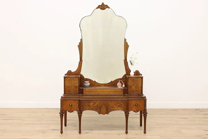Tudor Style Antique Walnut & Satinwood Vanity & Mirror, Williamsport #43618