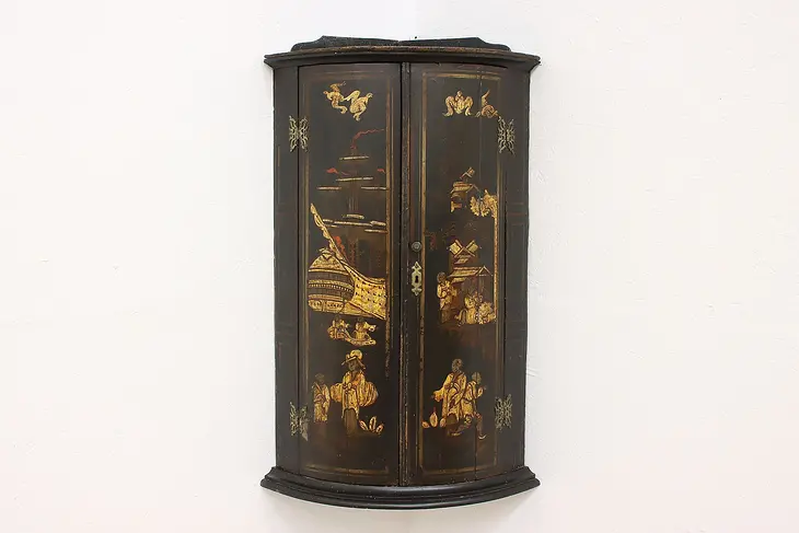 Victorian Antique Hand Painted Chinoiserie Lacquer Wall Corner Cupboard #43405