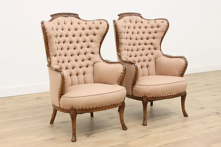 Pair of French Design Vintage Carved Wingback Chairs #43767