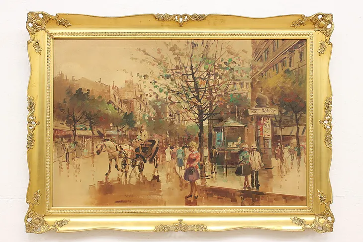 Paris Street Corner Scene Vintage Original Oil Painting 42.5" #44121