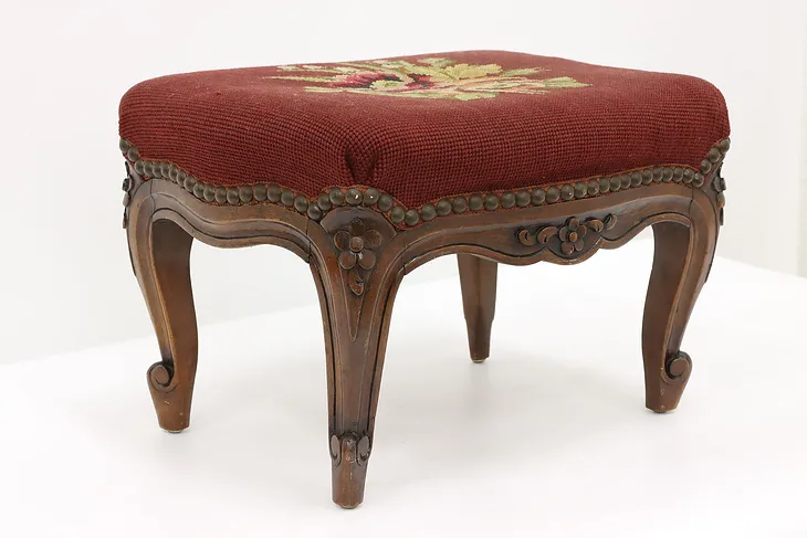 Country French Carved Antique Footstool, Needlepoint Upholstery #43795