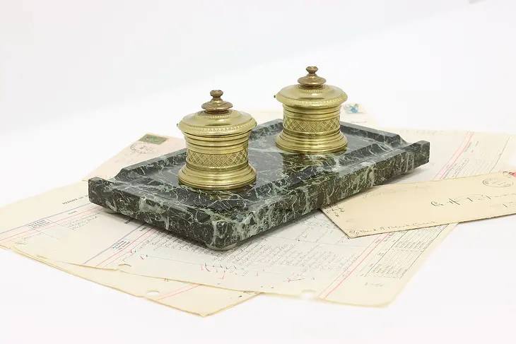 French Antique Marble & Embossed Bronze Desk Inkwell #44723