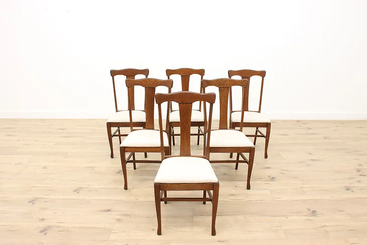 Set of 6 Arts & Crafts Mission Oak Antique Dining Chairs, New Upholstery #42339