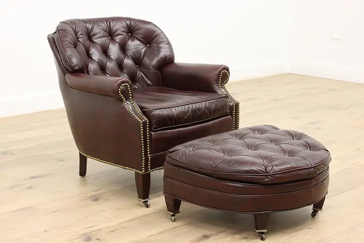 Georgian Design Vintage Tufted Leather Chair & Ottoman, Kenyon Home #44433