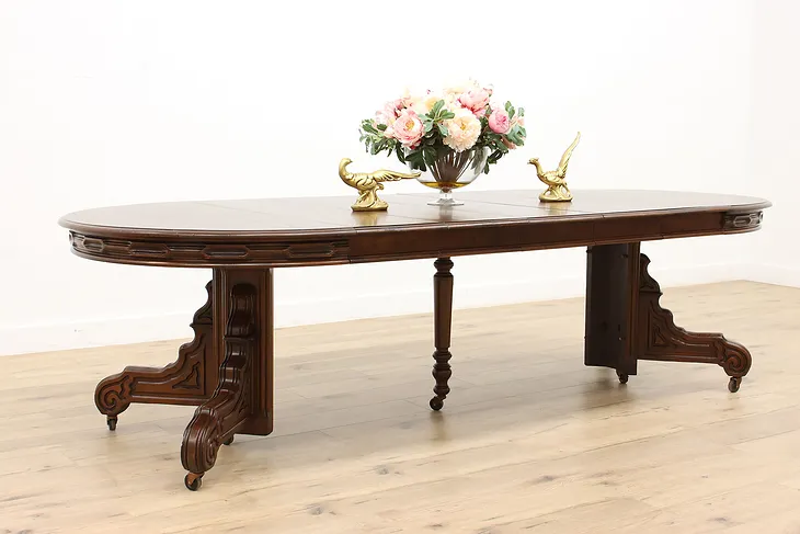 Victorian Antique 48" Carved Walnut Dining Table, 5 Leaves Extends 9' #44507