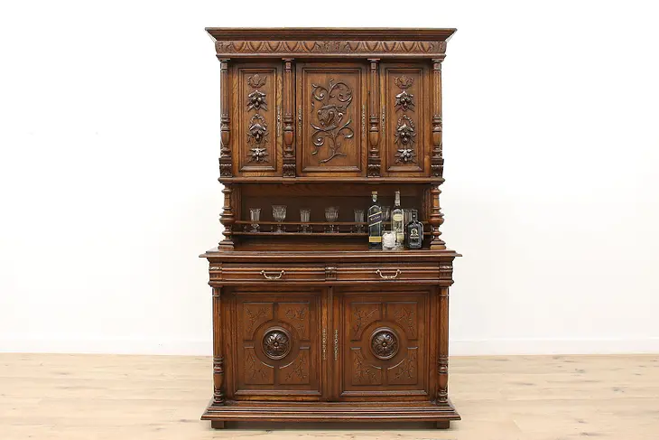 French Renaissance Antique Carved Oak Backbar, Bar Cabinet, or Server #44875