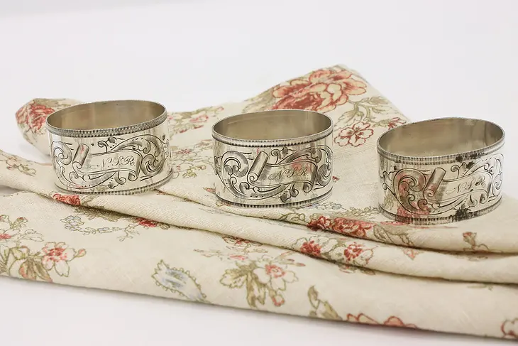 Set of 3 Victorian Antique Silverplate Napkin Rings Hand Engraved Initial #44975