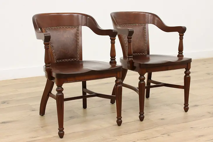 Pair of Antique Leather & Walnut Office, Library Desk Chairs #44075