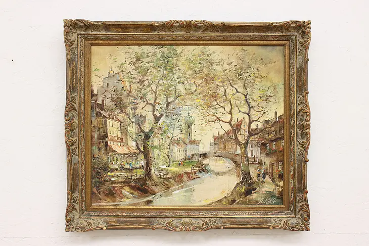 City Canal Scene Vintage Original Oil Painting, King 29.5" #44924