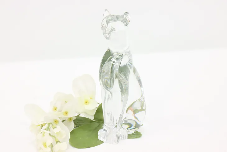 French Crystal Glass Vintage Cat Sculpture, Signed Baccarat #45152